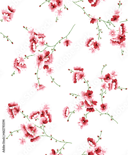 Seamless pattern of Red roses blossom, Watercolor
