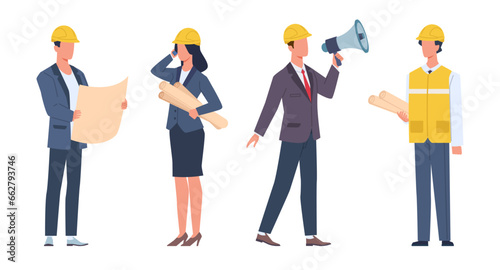 Recruitment of engineers, builders, architects and surveyors. Human resources service, worker professionals in helmets, job vacancies for construction. Cartoon flat isolated vector concept