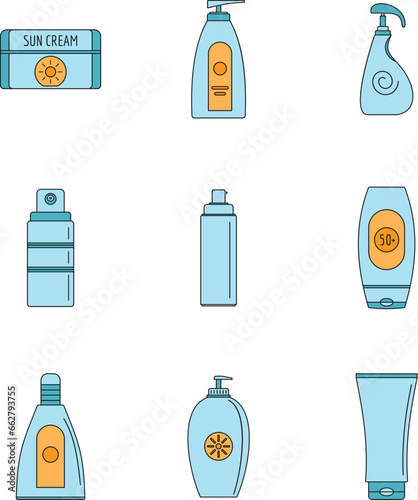 Sunscreen sun protection logo icons set. Outline illustration of 9 sunscreen sun protection logo vector icons thin line color flat on white