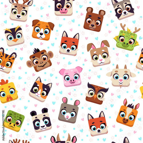 Seamless pattern with animals. Wildlife and domestic square characters. Childish textile  wrapping paper  wallpaper design. Print for fabric. Cartoon flat style isolated vector concept