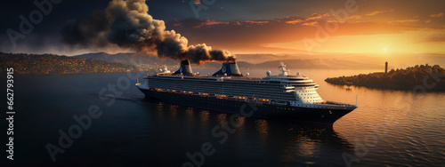 luxury cruise ship polluting the air with its large chimneys - Cruise ship pollution concept photo