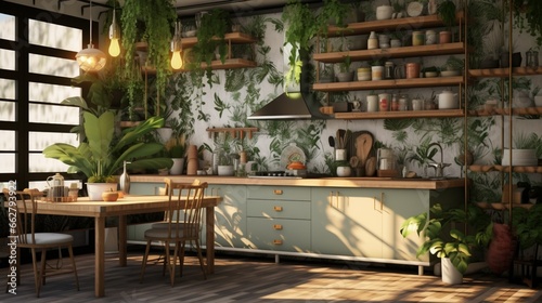 An urban jungle kitchen with botanical wallpaper and hanging planters