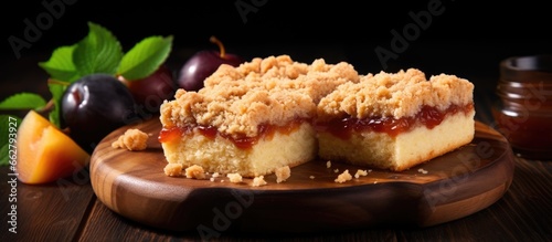 Crumbly shortbread pie with plum and apple jam on wooden board Fruit and streusel dessert With copyspace for text photo