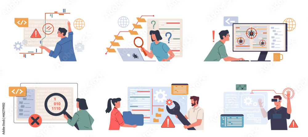 Software testers work. IT company employees looking for bugs and errors in applications and programs, web development, teamwork PC coding, cartoon flat style isolated nowaday vector set Software testers work. IT company employees looking for bugs and errors in applications and programs, web development, teamwork PC coding, cartoon flat style isolated nowaday vector set