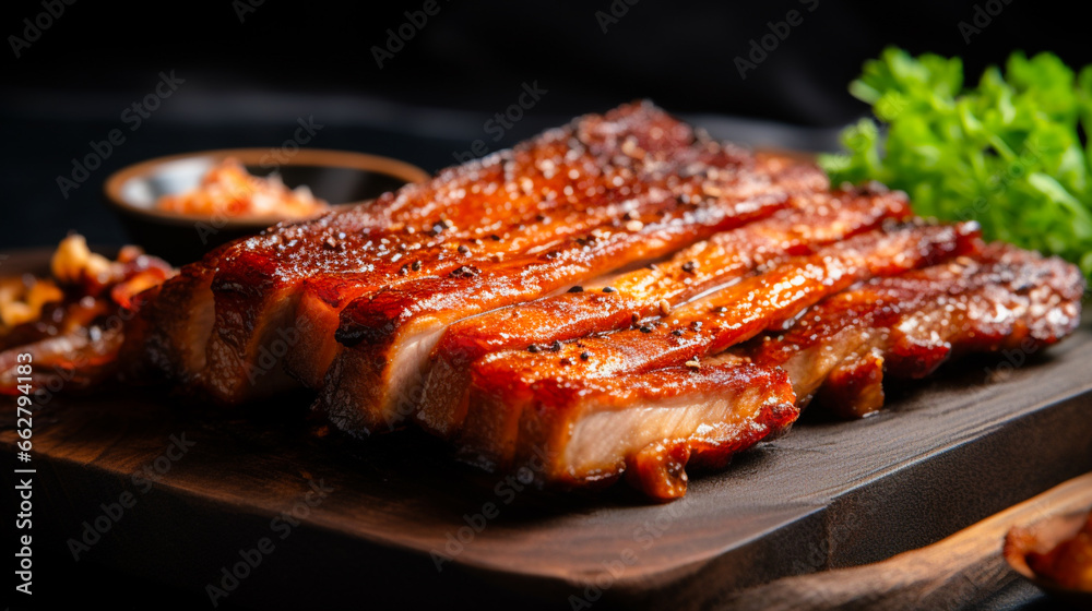 A close-up of thinly sliced pork belly with golden grilled edges, showcased against a muted gray backdrop.