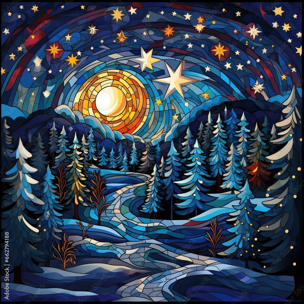 Winter night landscape in stained glass style - obrazy, fototapety, plakaty 