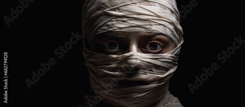 Foto Bandaged mummy with wide eyes With copyspace for text