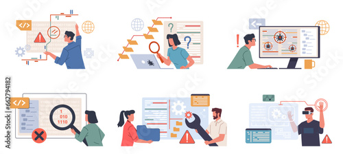 Software testers work. IT company employees looking for bugs and errors in applications and programs, web development, teamwork PC coding, cartoon flat style isolated nowaday vector set
