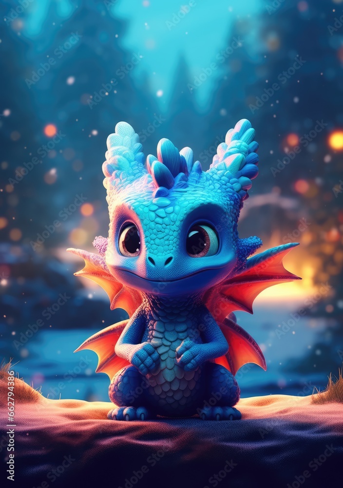 A beautiful cute magic dragon with big kind eyes sits against the backdrop of a fairy forest. A wonderful and sweet character. A beautiful cute magic dragon with big kind eyes sits against the backdrop of a fairy forest. A wonderful and sweet character.