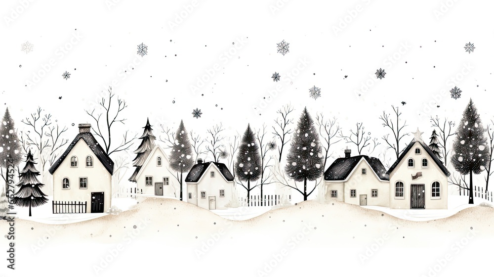 Winter village, black and white watercolor Christmas background. Generative AI