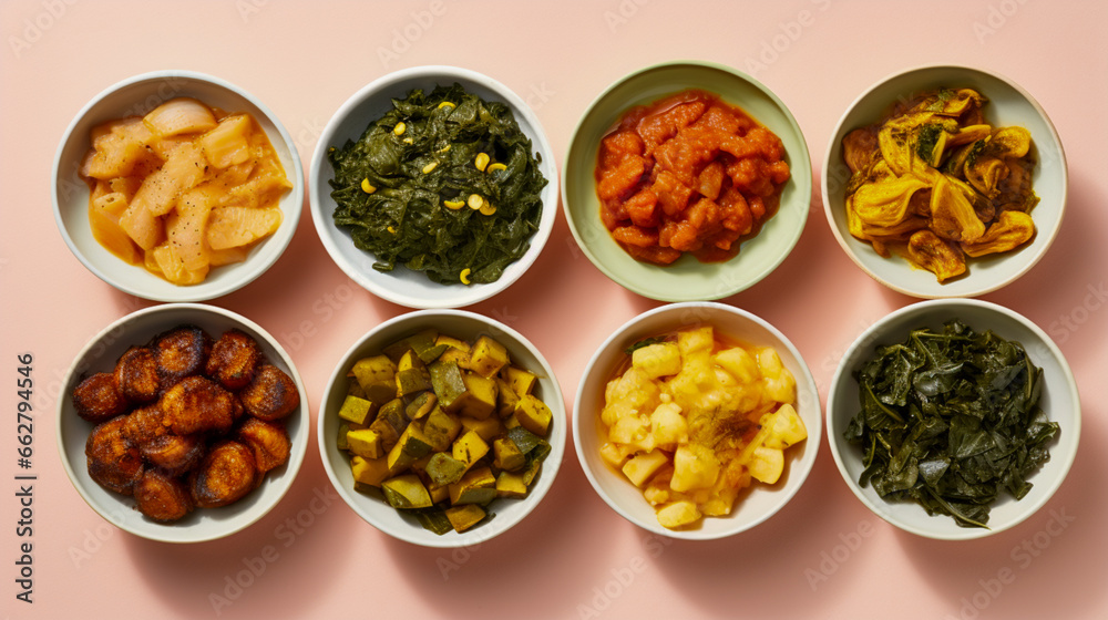 A spread of banchan (side dishes) like kimchi, radish pickles, and seasoned spinach, arranged artfully against a pastel yellow canvas. A spread of banchan (side dishes) like kimchi, radish pickles, and seasoned spinach, arranged artfully against a pastel yellow canvas.