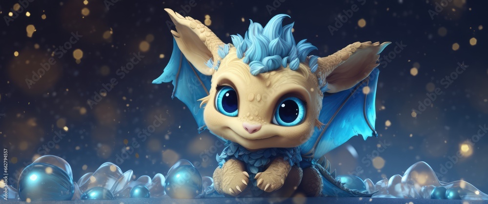 A cute baby dragon with big beautiful eyes sits in the snow. Symbol of the New Year.