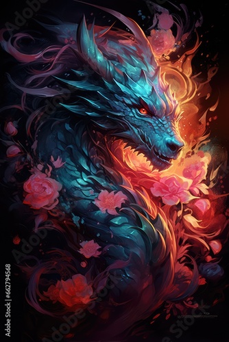 Great mighty dragon on a black background and beautiful pink flowers. Print or painting for the wall.