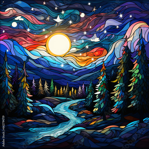 Winter night landscape in stained glass style