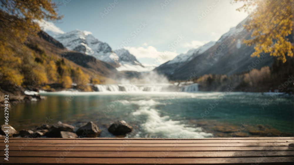 empty wooden table on the edge of a melting mountain with stones.
Stone on snowy mountain outdoor background and blurred bokeh waterfall, for assembly product display, space for text