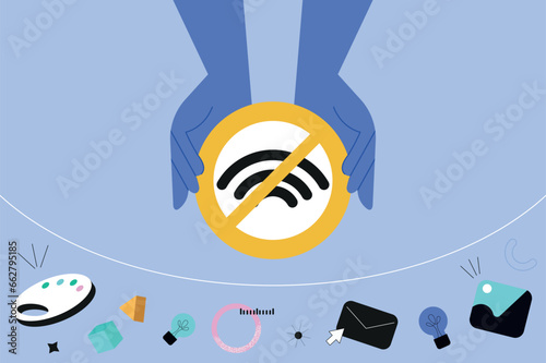 Digital detox hands concept in the flat cartoon design. Separation of real life from life in online networks is the main motto of this work. Vector illustration.