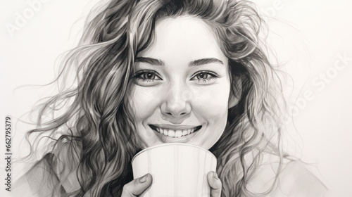 pretty woman or cute sexy girl with long brunette hair and smiling face in nightie shirt holds coffee or tea cup, pencil drawing