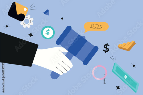 Auction hands concept in the flat cartoon style. The hand of the auctioneer taps the hammer to sell the lots. Vector illustration.