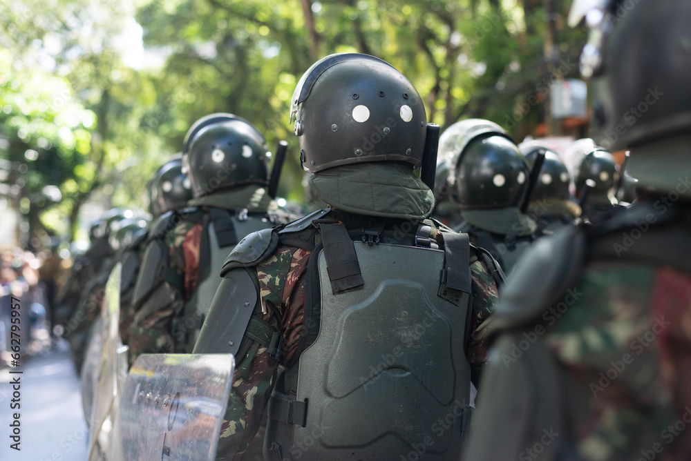 Army police soldiers parade during a tribute to Brazilian Independence Day in the city of Salvador, Bahia. Army police soldiers parade during a tribute to Brazilian Independence Day in the city of Salvador, Bahia.
