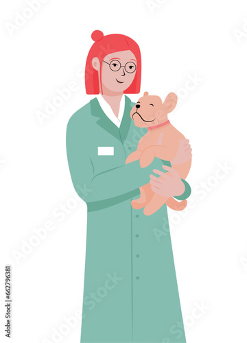 Vector character of a veterinarian girl with glasses and red hair with her dog patient