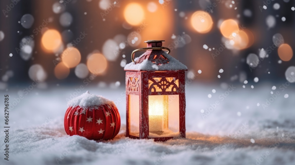 Christmas lanternon snow with bokeh background. Merry Christmas and New Year concept.