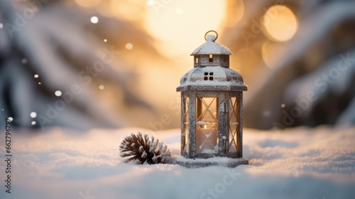 Christmas lanternon snow with bokeh background. Merry Christmas and New Year concept.
