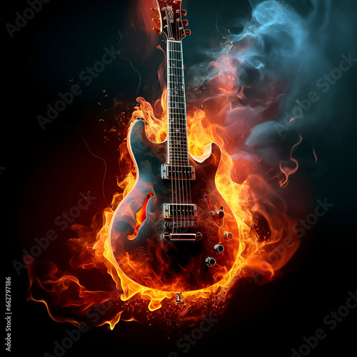 An electric guitar consumed by flames, its body ablaze with vivid reds and oranges.