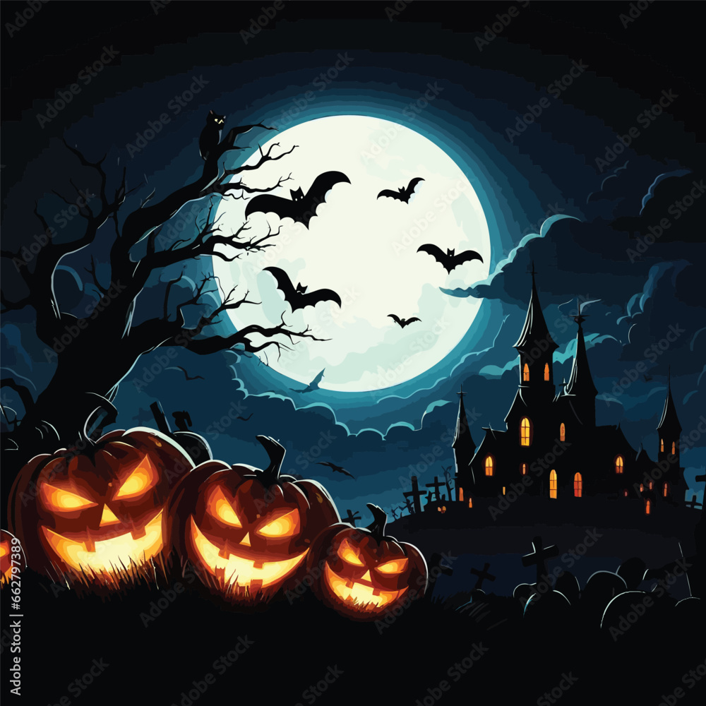 Halloween pumpkins under the moonlight vector art