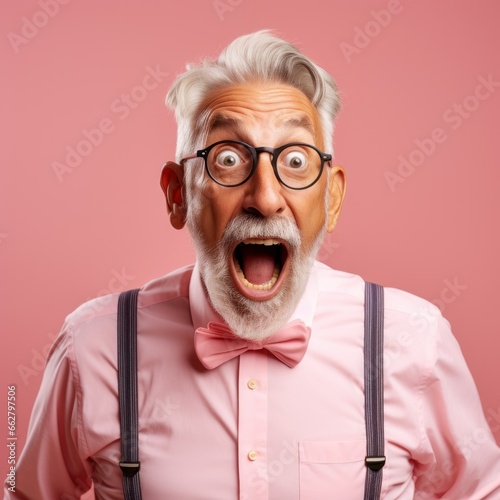 Emotional gray-haired senior man in bowie and glasses, standing with shocked face over pink background. Human emotions photo