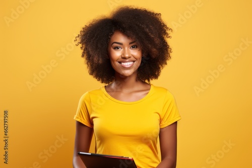 Young positive smiling woman holding paper tablet over yellow background. Business, employment. Human emotions