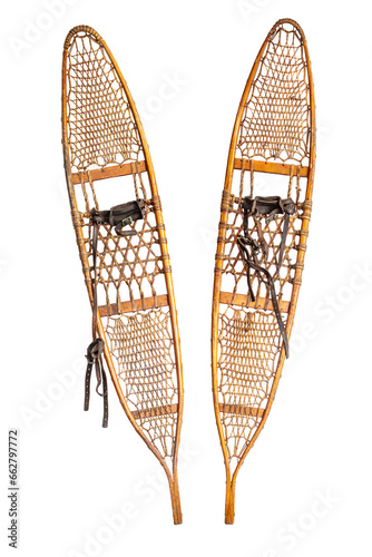 Vintage snowshoe with hardwood frame filled in with rawhide latticework isolated on a white background