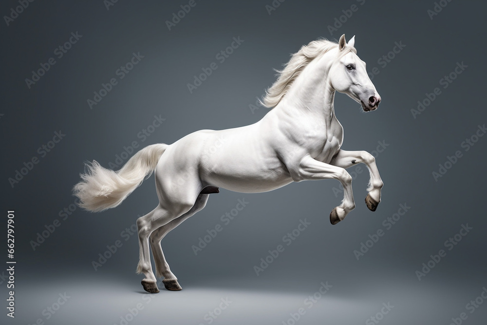 Beautiful white horse rearing on grey background