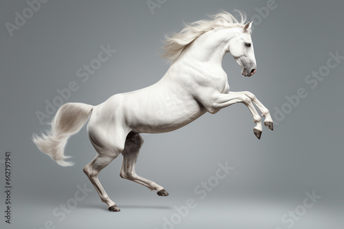 Beautiful white horse rearing on grey background