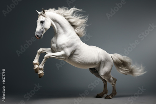 Beautiful white horse rearing on grey background