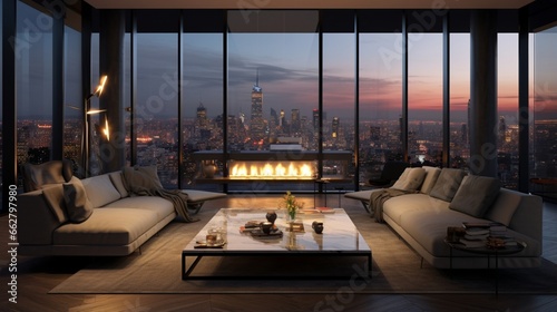 A chic living area with a double-sided fireplace and city views