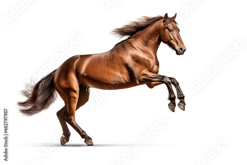 Beautiful brown horse rearing on white background