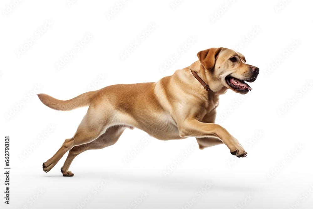 Labrador Retriever dog running and jumping isolated on white background. - obrazy, fototapety, plakaty 