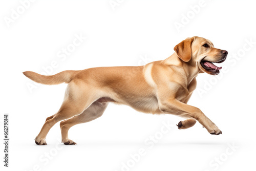 Labrador Retriever dog running and jumping isolated on white background.