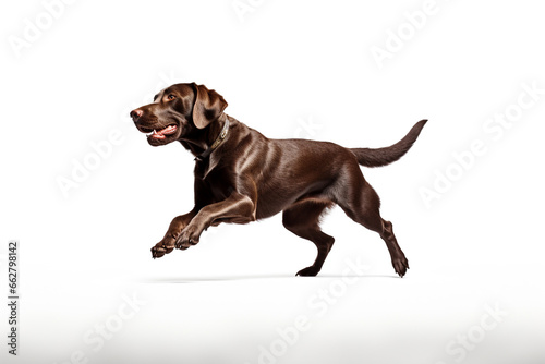Labrador Retriever dog running and jumping isolated on white background. photo