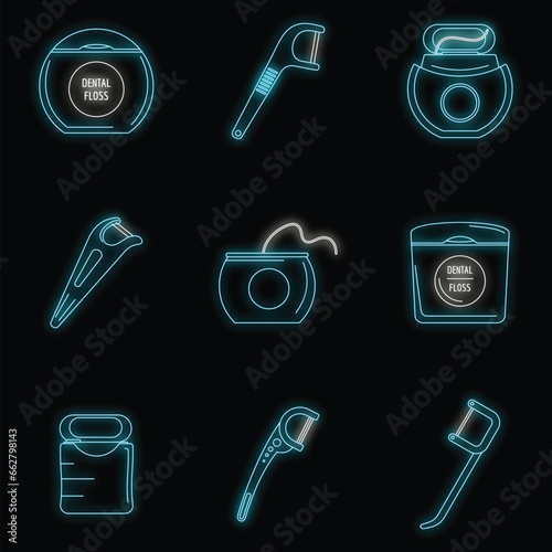 Floss dental brushing teeth icons set. Outline illustration of 9 floss dental brushing teeth vector icons neon color on black photo