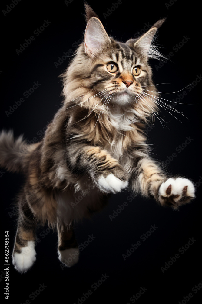 Maine coon cat jumping isolated on black background