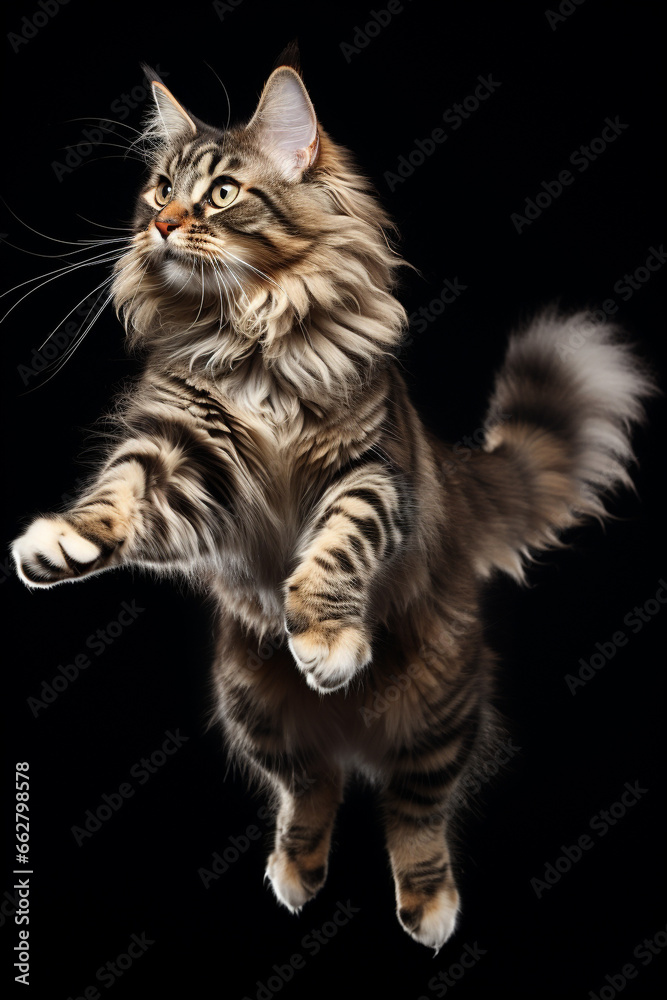 Maine coon cat jumping isolated on black background