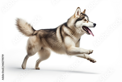 Happy alaskan malamute dog jumping and running isolated on white background photo