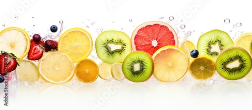 Fresh organic fruit slices infused into water With copyspace for text