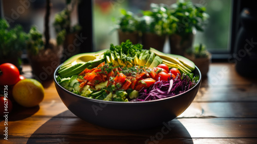 Healthy food in the daily diet, idea of Buddha bowl salad with vegetables and green herbs on table, against the background of window. Healthy vegetarian nutritious food from organic farms on the menu photo