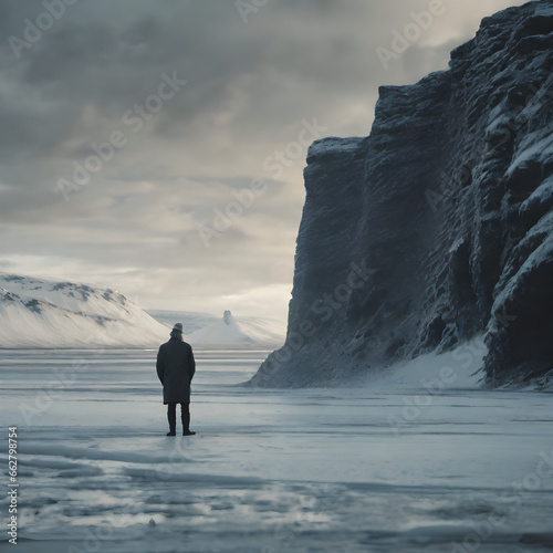 Icelandic man standing at the edge of a clip looking out.
