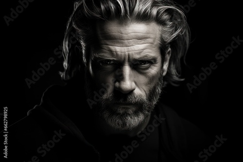 Dramatic close up black and white portrait of old homeless alcoholic man face depressed sick and lonely, Generative AI