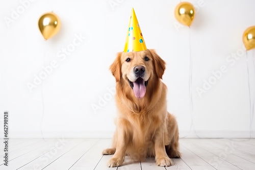 golden retriever dog with birthday party hat standing in fornt of white wall with balloon. photo