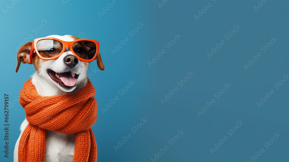 Happy dog dressed in winter clothes portrait on isolated background - ai generative - obrazy, fototapety, plakaty 