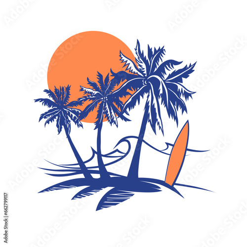 Seashore, sun, palm trees and surfboard .  Hand drawn vector illustration.